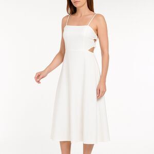 WAYF Linen Blend Cut Out Bow Midi Dress in Ivory